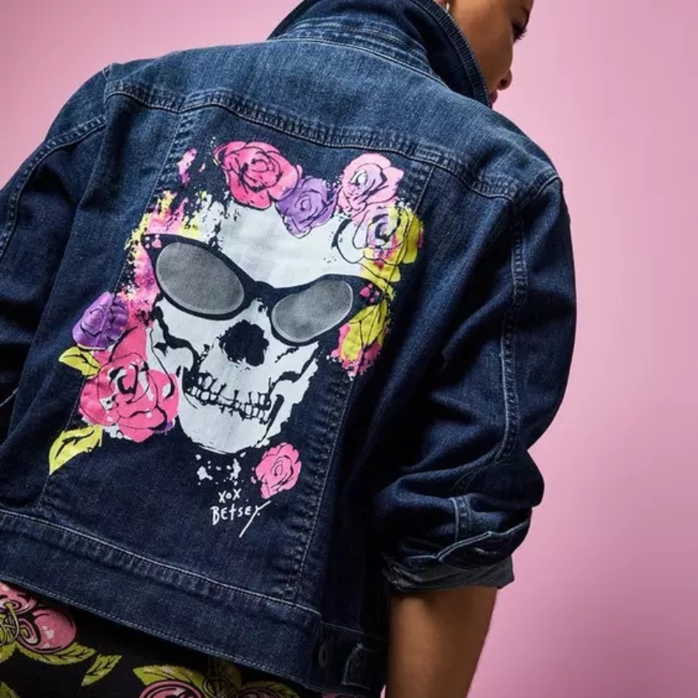 Betsey Johnson Blue Denim Jacket with Skull and Floral Art